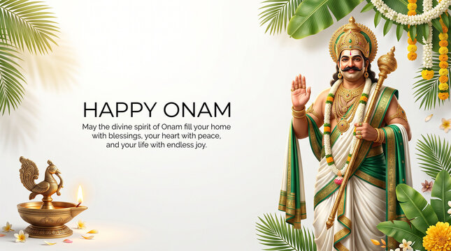 Happy onam greeting card featuring king mahabali in traditional attire, a golden peacock oil lamp, and lush tropical palm leaves on a white background, with festive text