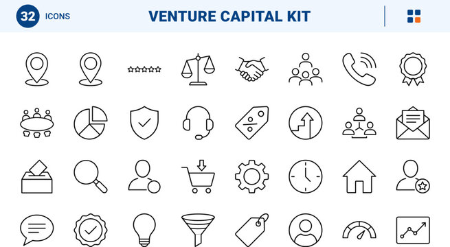 Angel investment platform art line icon set. Vector pictograms of venture, capital, startup, and funding elements, thin linear illustration.