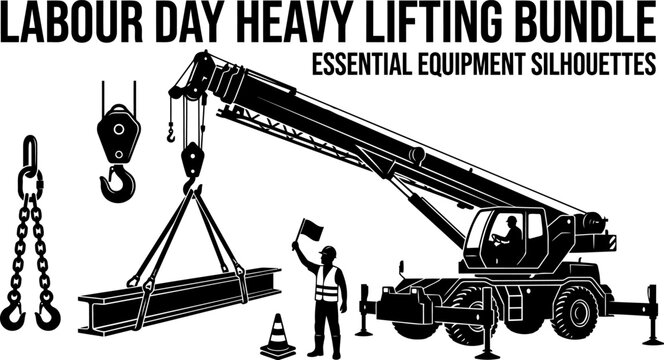 Labour day heavy lifting bundle with crane, steel beam, construction worker silhouette and equipment graphics
