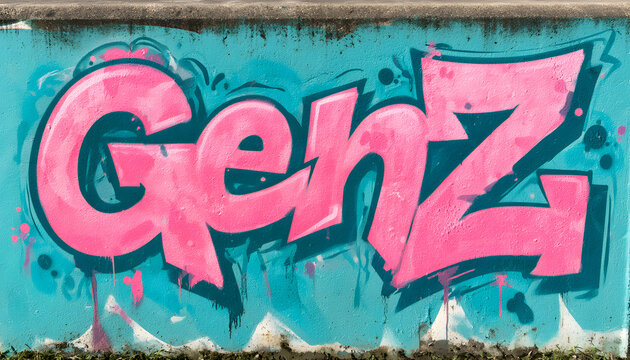 A graffiti mural featuring pink GenZ letters on a turquoise wall demonstrates urban art, painted with an urban spray. It encapsulates street culture and youth expression.