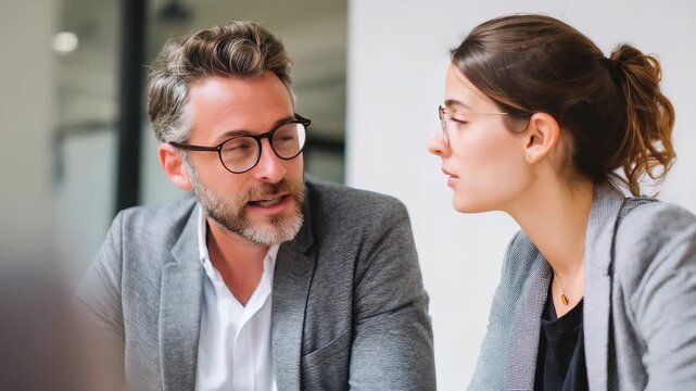 A man and a woman, both wearing glasses and smart blazers, are discussing work at a contemporary office table. Their serious expressions reflect teamwork and professional communication