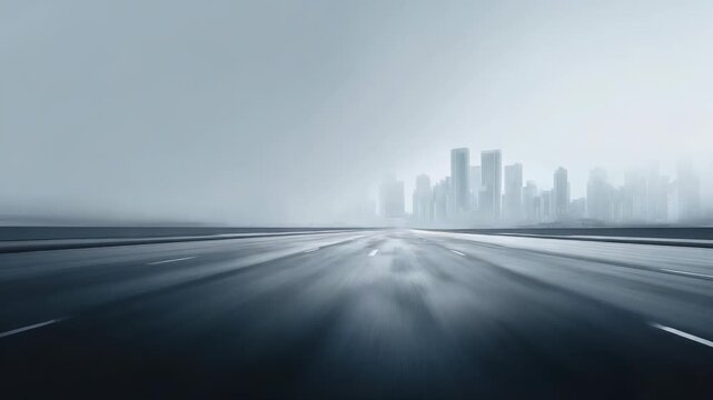 A sleek, deserted road stretches into a foggy metropolis, evoking themes of technology, speed, and urban development. The scene captures a sense of anticipation and limitless possibilities