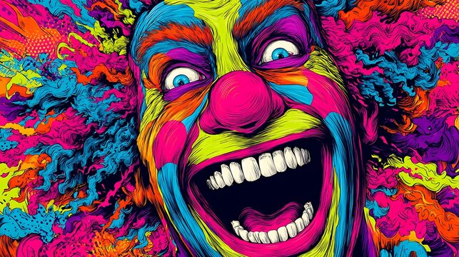 Colorful cartoon tiger face with purple whiskers and yellow teeth against abstract background