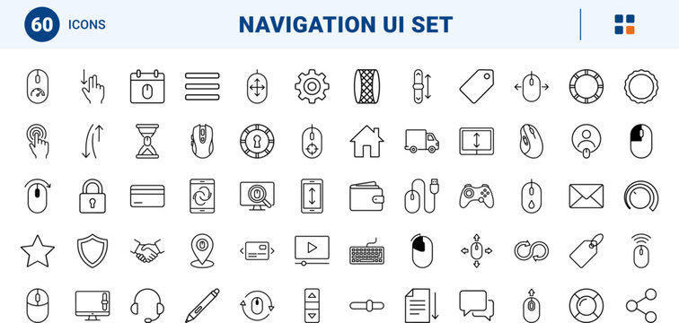 Scroll wheel line icon set. Vector pictograms of mouse, scrolling, website, and kit elements, thin linear illustration.