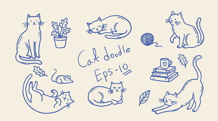 Fototapeta premium Set of cute hand drawn cat doodles, various poses of cats, yarn ball, books, mouse and plant