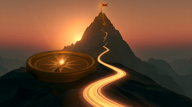 A light path and a glowing compass base directing towards the summit flag on a mountain at sunset, indicating the attainment of business goals and the completion of a strategic journey