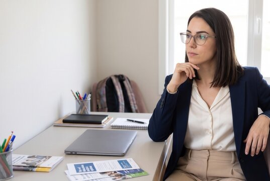 Woman in glasses sitting at a desk, contemplating a new business idea or solution