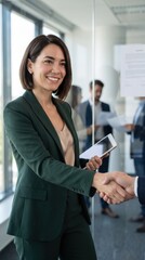 Obraz premium Smiling businesswoman shaking hands, making a deal in a modern office environment