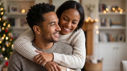Obraz premium Loving Black woman hugging boyfriend from behind near warm illuminated Christmas tree at home interior. Cheerful African American couple sharing romantic surprise holiday gift together.
