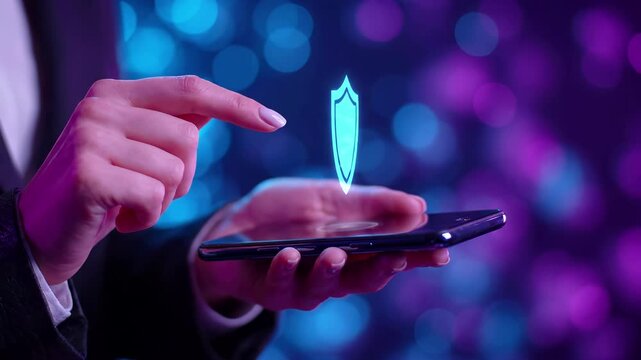 Cyber security and data protection on a mobile smartphone. Finger touches a glowing shield above the device screen. Digital privacy, secure network encryption, and online safety technology