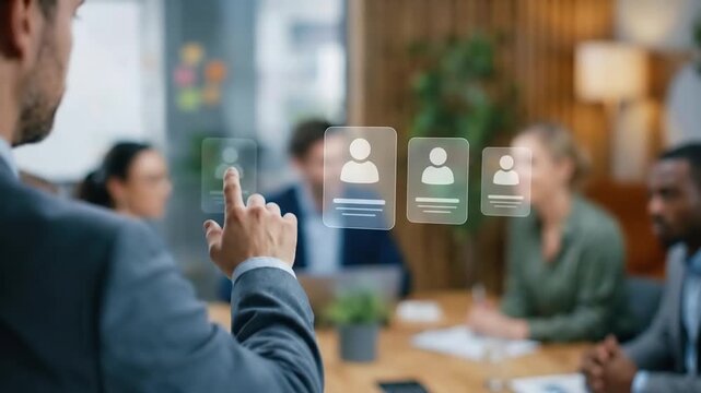 Recruitment and hiring process for human resources management. Manager selects candidate profiles for employment and career talent. Business teamwork, corporate leadership, and digital workforce