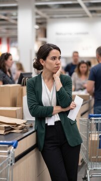 Woman feeling bored and frustrated while waiting in a long checkout line at a retail store