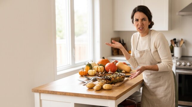 Woman feeling frustrated and cooking failure preparing autumn meal
