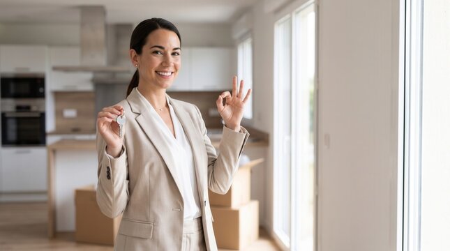 Smiling realtor woman holding house keys while standing in a new empty apartment with moving boxes