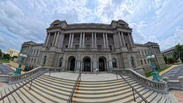 Backward 4K Camera Movement Reveals Library of Congress Facade in Washington DC.
