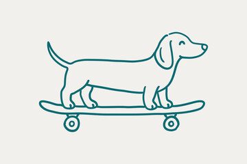 Hand Drawn Dachshund Riding Skateboard Doodle Illustration, Cute Dog Outline Vector © Bright-Designer