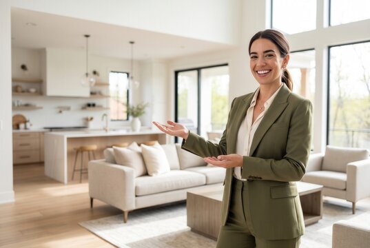 Woman realtor smiling, gesturing towards a spacious, bright living room and kitchen
