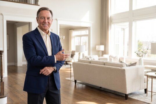 Professional real estate agent standing in a modern living room
