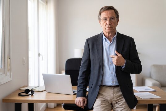 Serious man standing in an office and pointing at his chest