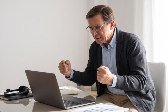 Senior man working from home expressing anger and stress with a laptop
