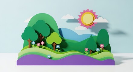 Fototapeta premium Layered paper craft landscape with rolling green hills, colorful trees, flowers, and a bright sun