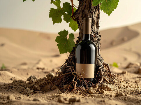 Botella de vino con ra&iacute;ces de vid en la tierra, concepto del origen del vino, excelencia vitivin&iacute;cola artesanal, vendimia, bodegas de alta calidad y vino de autor
