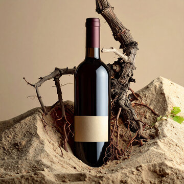 Botella de vino con ra&iacute;ces de vid en la tierra, concepto del origen del vino, excelencia vitivin&iacute;cola artesanal, vendimia, bodegas de alta calidad y vino de autor