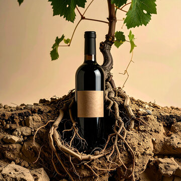 Botella de vino con ra&iacute;ces de vid en la tierra, concepto del origen del vino, excelencia vitivin&iacute;cola artesanal, vendimia, bodegas de alta calidad y vino de autor