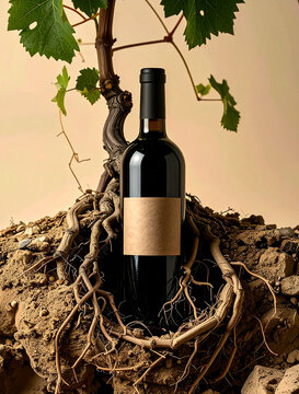 Botella de vino con ra&iacute;ces de vid en la tierra, concepto del origen del vino, excelencia vitivin&iacute;cola artesanal, vendimia, bodegas de alta calidad y vino de autor