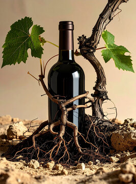 Botella de vino con ra&iacute;ces de vid en la tierra, concepto del origen del vino, excelencia vitivin&iacute;cola artesanal, vendimia, bodegas de alta calidad y vino de autor