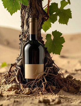Botella de vino con ra&iacute;ces de vid en la tierra, concepto del origen del vino, excelencia vitivin&iacute;cola artesanal, vendimia, bodegas de alta calidad y vino de autor