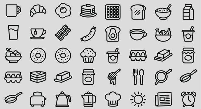 Breakfast and morning food items vector illustration icon package for culinary design and restaurant menu projects
