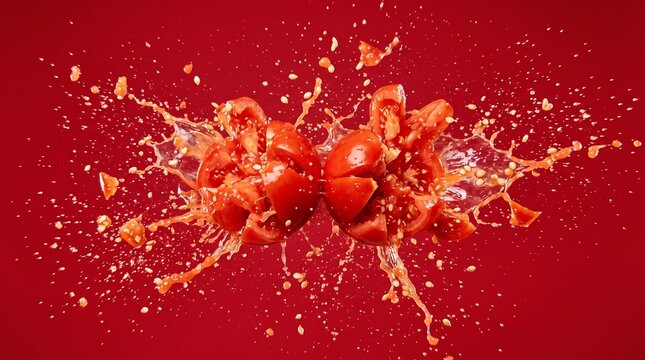 Realistic dynamic explosion of two fresh tomatoes on a vibrant red background, with seeds and juice splashing, conceptualized for La Tomatina tomato war festival in Spain