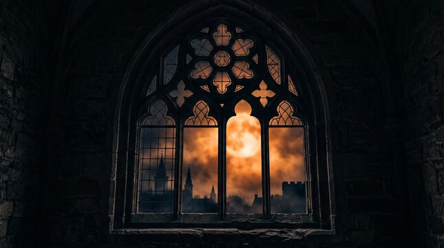 Gothic window view of a full moon. Dark castle architecture with orange moonlight.