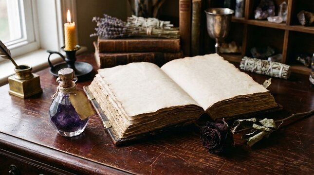 Open antique book on a wooden desk. Witchy still life with candle and magic potion bottle.