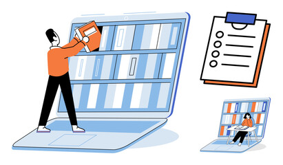 People organizing books and studying on a laptop screen vector illustration. E-learning, digital library, remote education, academic research, knowledge management, information access. Students using © Dmytro