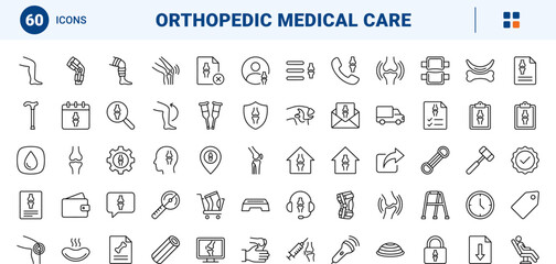 Fototapeta premium Knee clinic line icon set. Vector pictograms of medical, orthopedic, therapy, and healthcare elements, thin linear illustration.