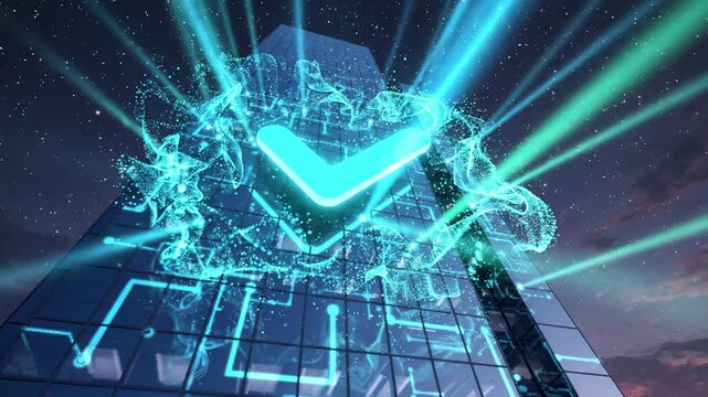 Glowing checkmark of approval and success rises above a glass skyscraper. Digital circuit lines and energy particles flow across the modern building, symbolizing secure technology, trust, and verified
