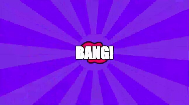 Vibrant comic book explosion badge with BANG text and dynamic sunburst background. Retro pop art animation