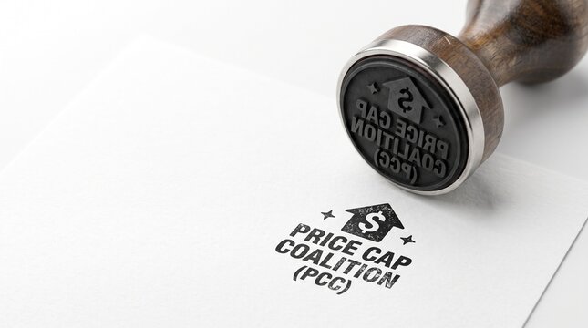 Price Cap Coalition PCC rubber stamp on white paper, official economic policy document with dollar sign icon, financial regulation and trade sanctions concept