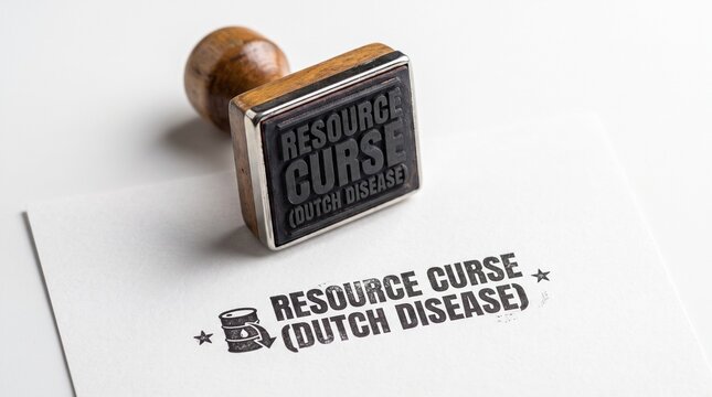 Resource Curse and Dutch Disease rubber stamp on white paper, economic paradox concept, wooden handle stamper with black ink text and oil barrel icon