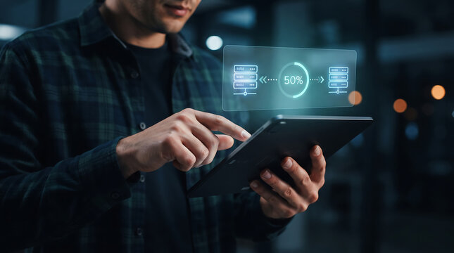 Young man in plaid shirt using digital tablet to monitor server data migration showing fifty percent progress indicator and holographic cloud computing storage graphics.
