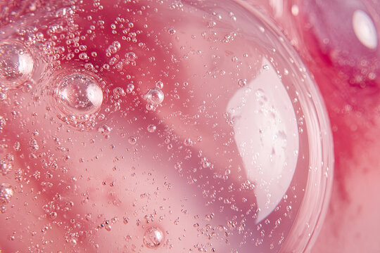 Beauty serum gel texture. Pink clear skincare cream with bubbles background. Transparent colored cosmetic product close up 