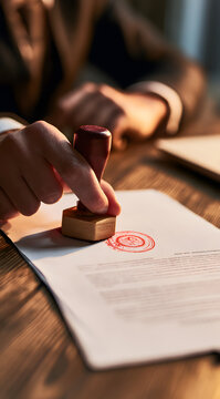 Someone is affixing a legal document to a desk