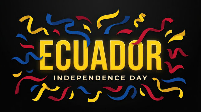 Creative Ecuador Independence Day illustration with colorful festive streamers and confetti around Ecuador typography, celebrating freedom, national identity, patriotism, unity, heritage and pride