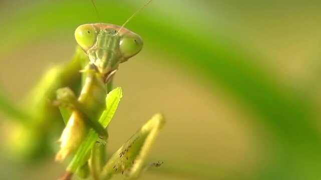 Front View Macro Praying Mantis Eating Insect Slow Motion 4K