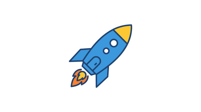 Blue rocket ship launching with fire.