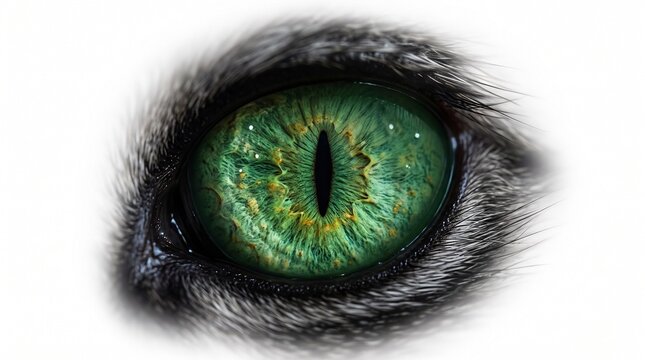 green iris feline gaze animal focus wild beast macro photography close up vision emerald glance pet portrait furry detail slit pupil green gaze isolated on white background