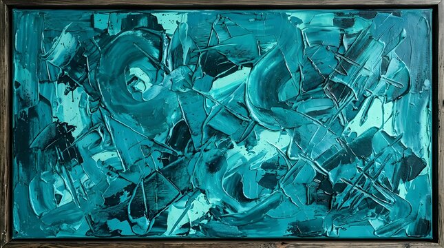 Abstract expressionist painting featuring chaotic brushstrokes and deep teal blue tones in rectangular frame