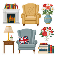 Obraz premium Cozy living room elements set on a white background, inviting comfort and relaxation, representing classic home interior decor